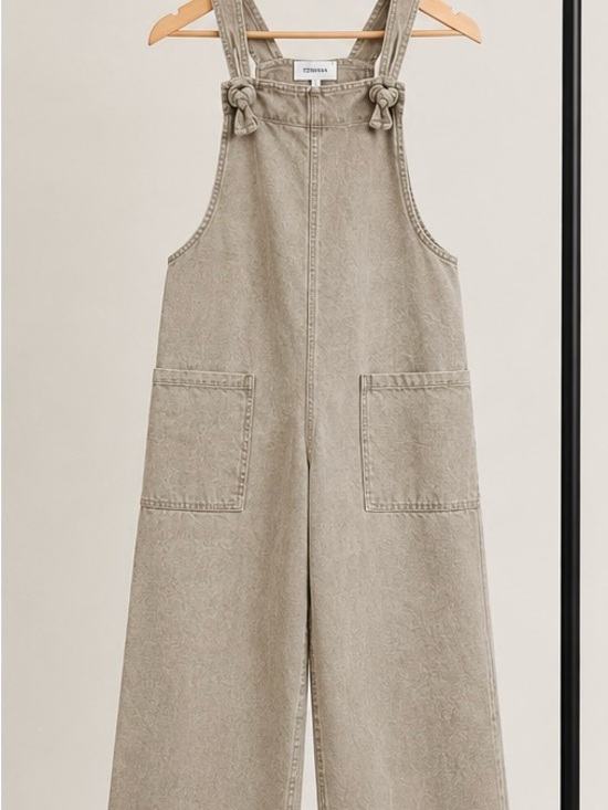 Zenana Outfitters Pants - Zenana Outfitters Taupe Wide-Leg Denim Overalls with Knotted Straps